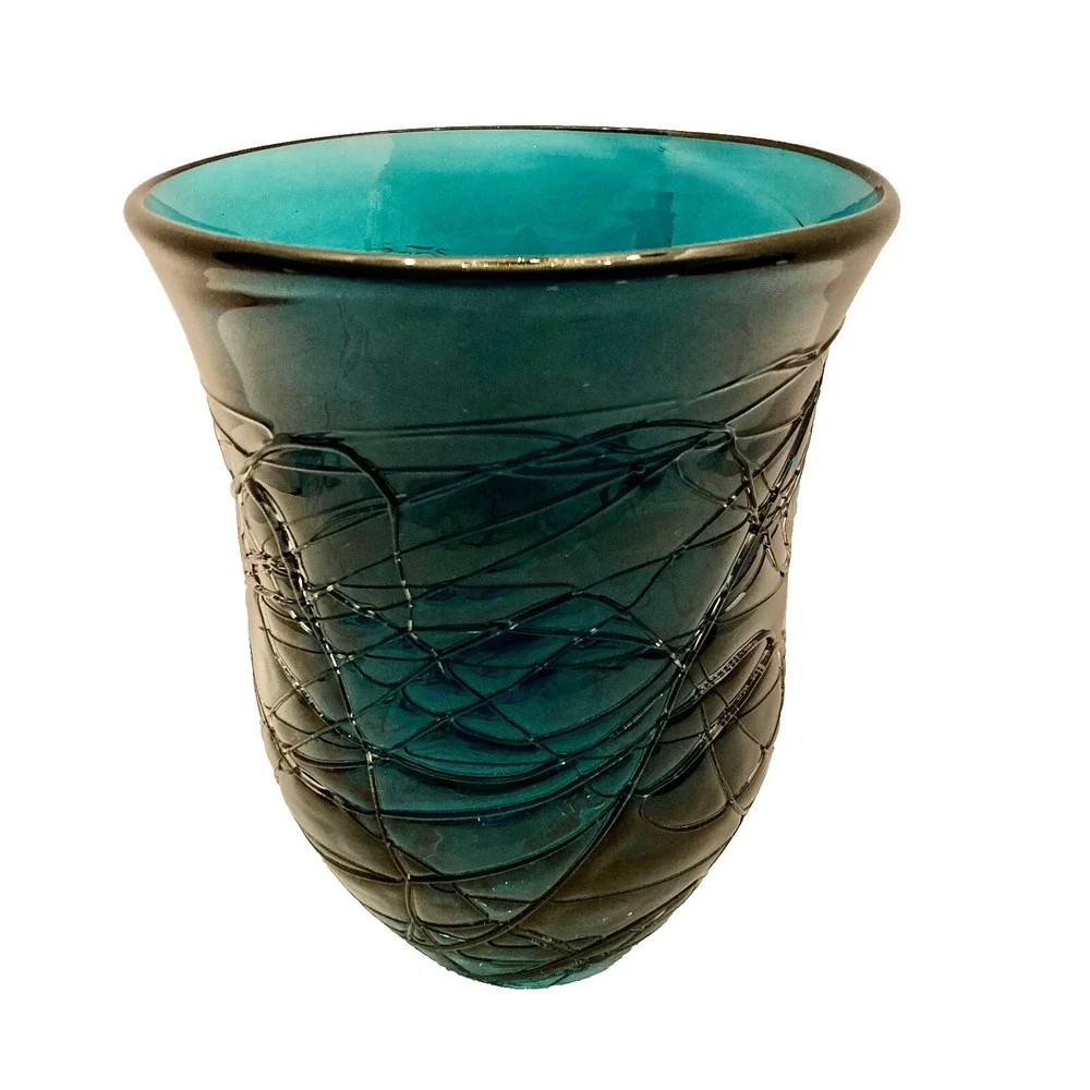 Vintage Hand Blown Threaded Thick Art Glass Vase 8.5